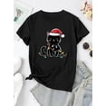 thumbnail image 2 of T-Shirt Décontracté de Noël pour Femmes avec Imprimé Chat, Col Rond en Polyester, Graphique Festif, Tissu Tricoté Extensible Moyen, pour Toutes Saisons, Confortable, Fête des Pères, Fête des Mères, Nouvel An, Printemps, 2 of 7