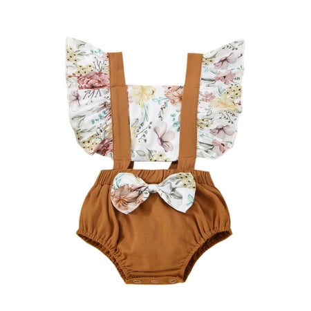 

Suanret Newborn Baby Girls Romper Cute Floral Print Sleeveless Square Neck Ruffled Bodysuit Infant Summer Clothes Brown 12-18 Months