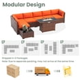 thumbnail image 6 of Poteban 8 Pieces Outdoor Patio Furniture Set with 44" Fire Pit Table, Brown Wicker Rattan Sectional Sofa with Cushions and Glass Coffee Table for Backyard Garden, Orange, 6 of 12