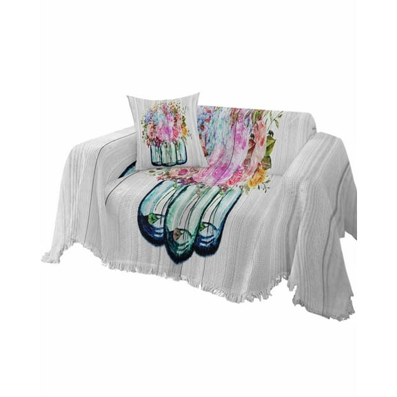 Floral Wooden Sofa Couch Covers for Dog,Washable Sectional Couch Slipcoverfor Loveseat with Tassels,Eucalyptus Leave Bottle Flower Farmhouse Non Slip Sofa Throw Cover Blanket Large 71''x102''