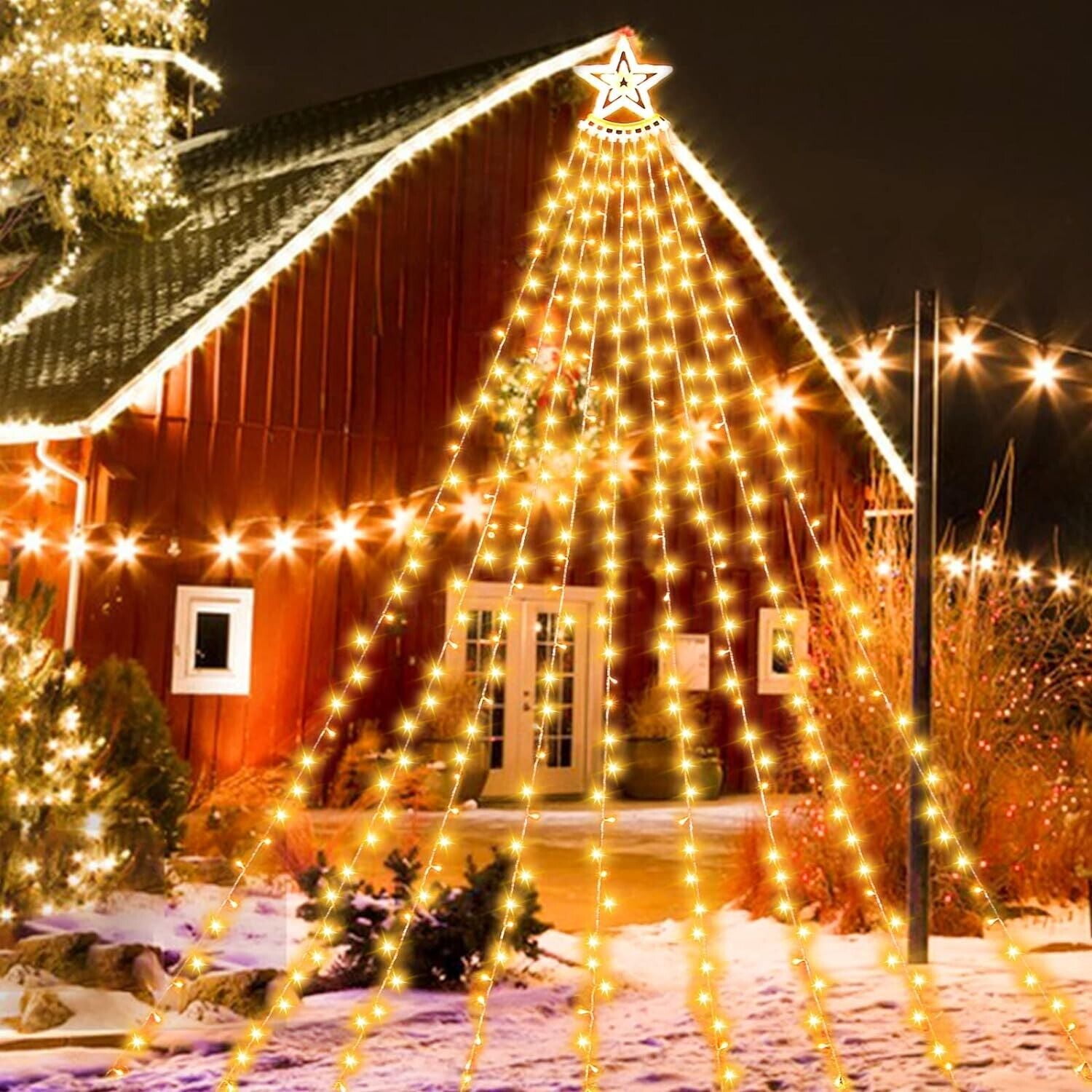 Christmas Lights Outdoor,12.6ft 8 Lighting Modes Waterfall Lights for Christmas, Outdoor Christmas Decorations for Yard, Christmas Lights for Tree House Holiday Party, Warm White