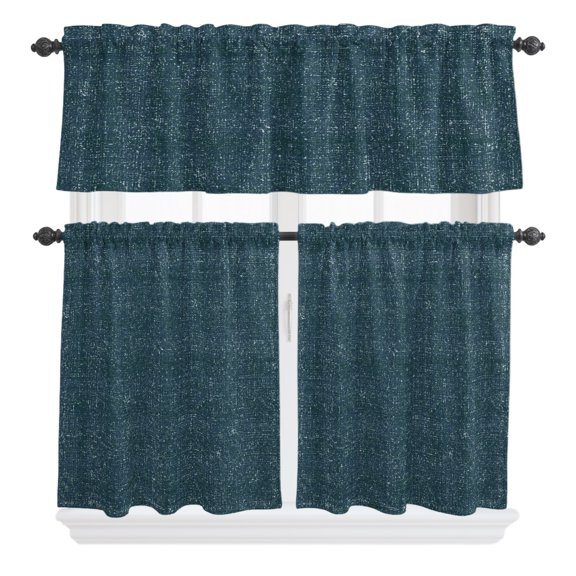 3 Pieces Kitchen Curtains and Valances Set Tier Curtains Blue Linen Texture Short Curtain Rod Pocket Window Curtain Panels Fabric Grain (Single Panel 54"x18",2 Tiers 24"x36")