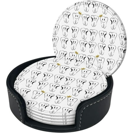 

Round Coaster Set of 6 with Holder Dental-Dentist-Crowned-Teeth Leather Coasters for Drinks