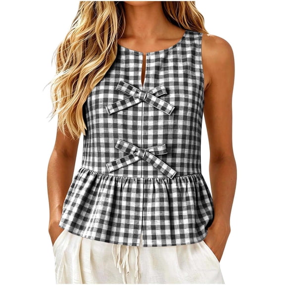 ZVNAΖH Women's Gingham Check Sleeveless Peplum Top, Crew Neck Bow Front Casual Blouse, S-2XL