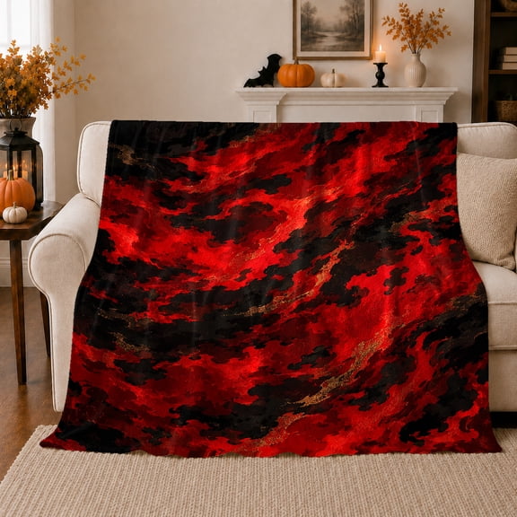 Printed Flannel Throw Blanket with Swirling Red Black Lava Abstract Pattern