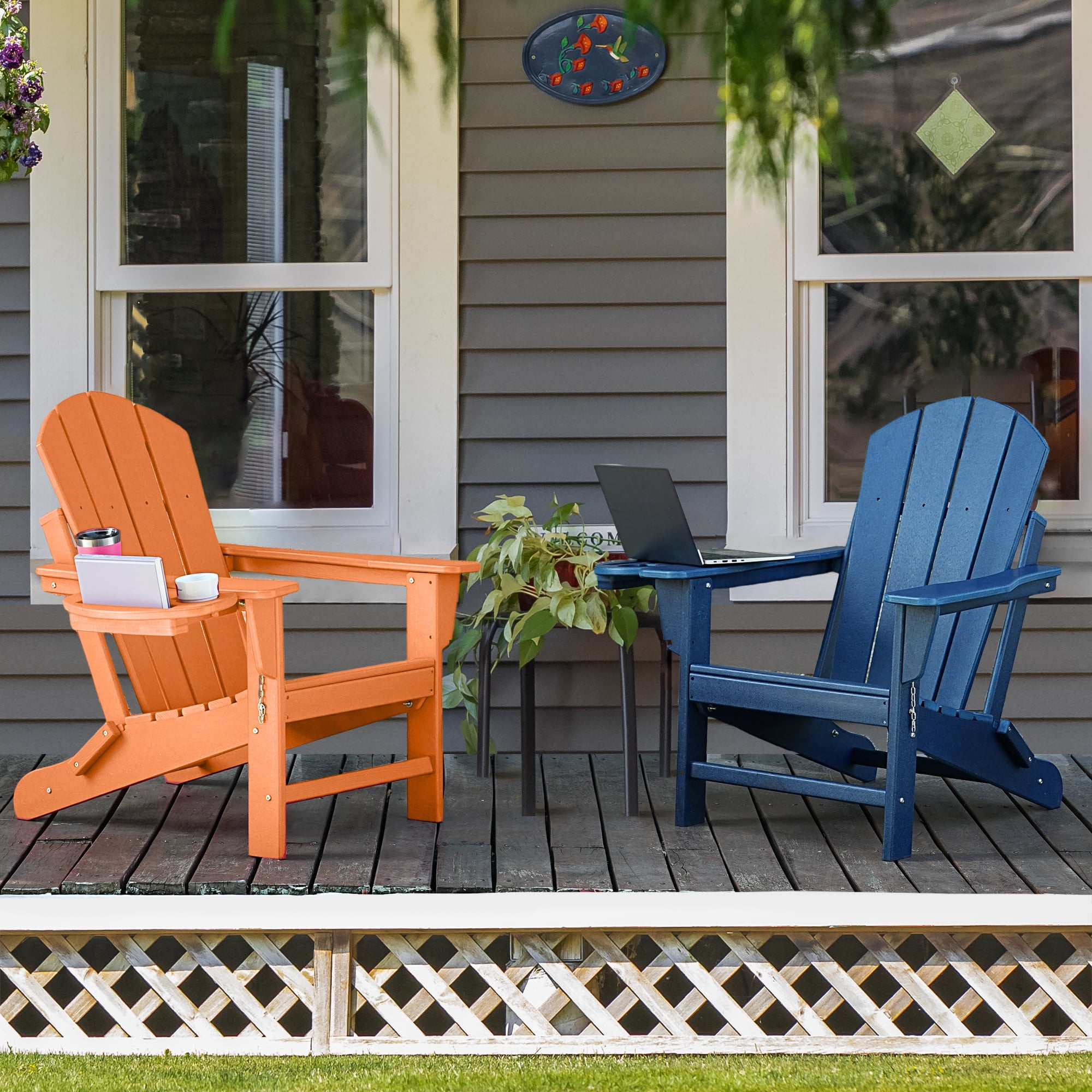 Folding HDPE Adirondack Chair with 4 in 1 Cup Holder Tray Plastic Adirondack Chairs Weather Resistant Lawn Outdoor Firepit Chairs, Orange