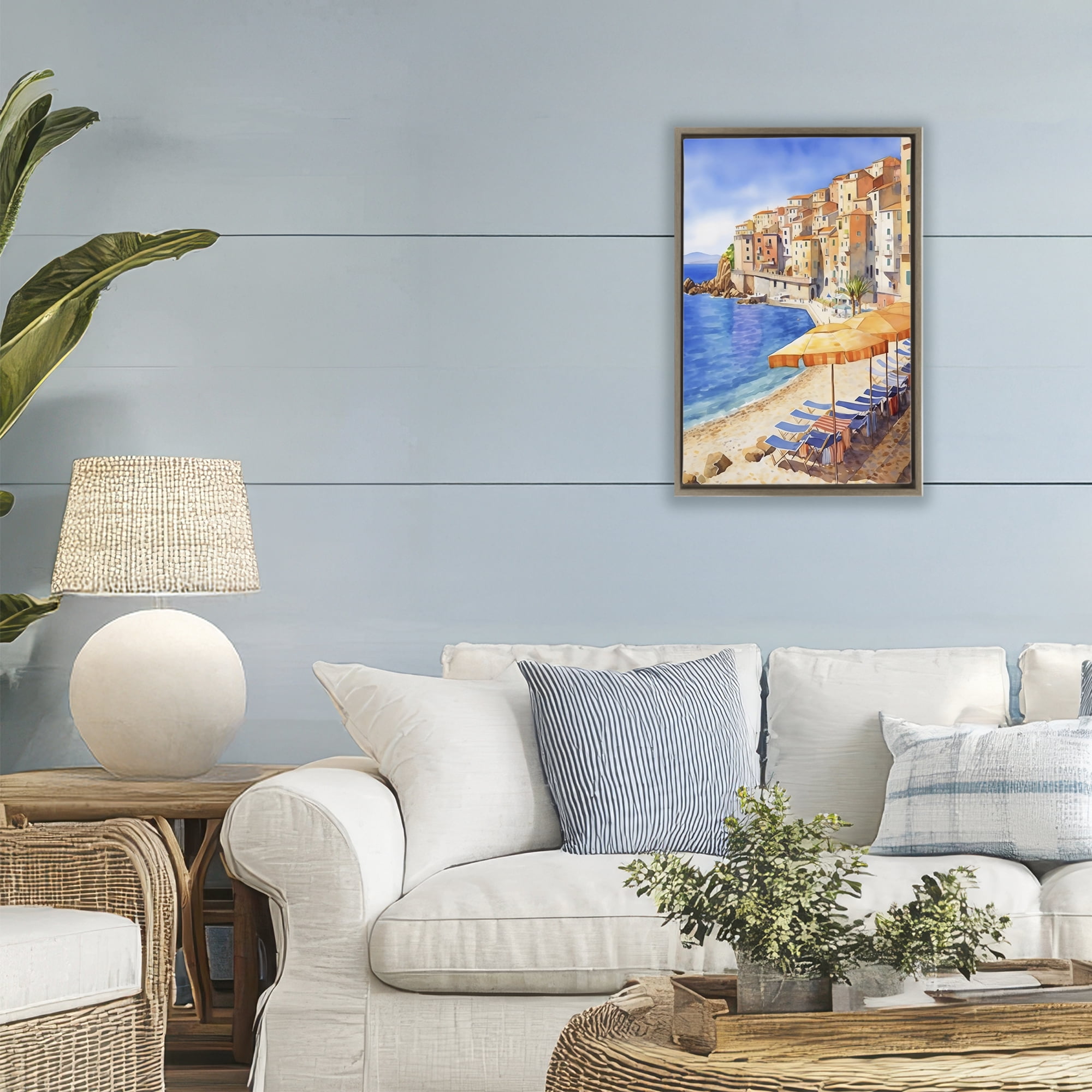 Stupell Industries Beach Lounging on Mediterranean Shore Brown Framed Floater Canvas Wall Art, design by Creative Studio