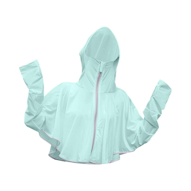 Camisa de protección solar con capucha para mujer, chaqueta de senderismo, ropa de protección solar de verano, cierre de cremallera Verde