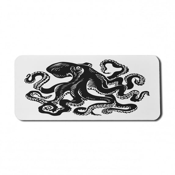 Octopus Computer Mouse Pad, Monochrome Sketch of an Ocean Animal on Plain Background Art Print, Rectangle Non-Slip Rubber Mousepad X-Large, 35" x 15", White and Charcoal Grey, by Ambesonne