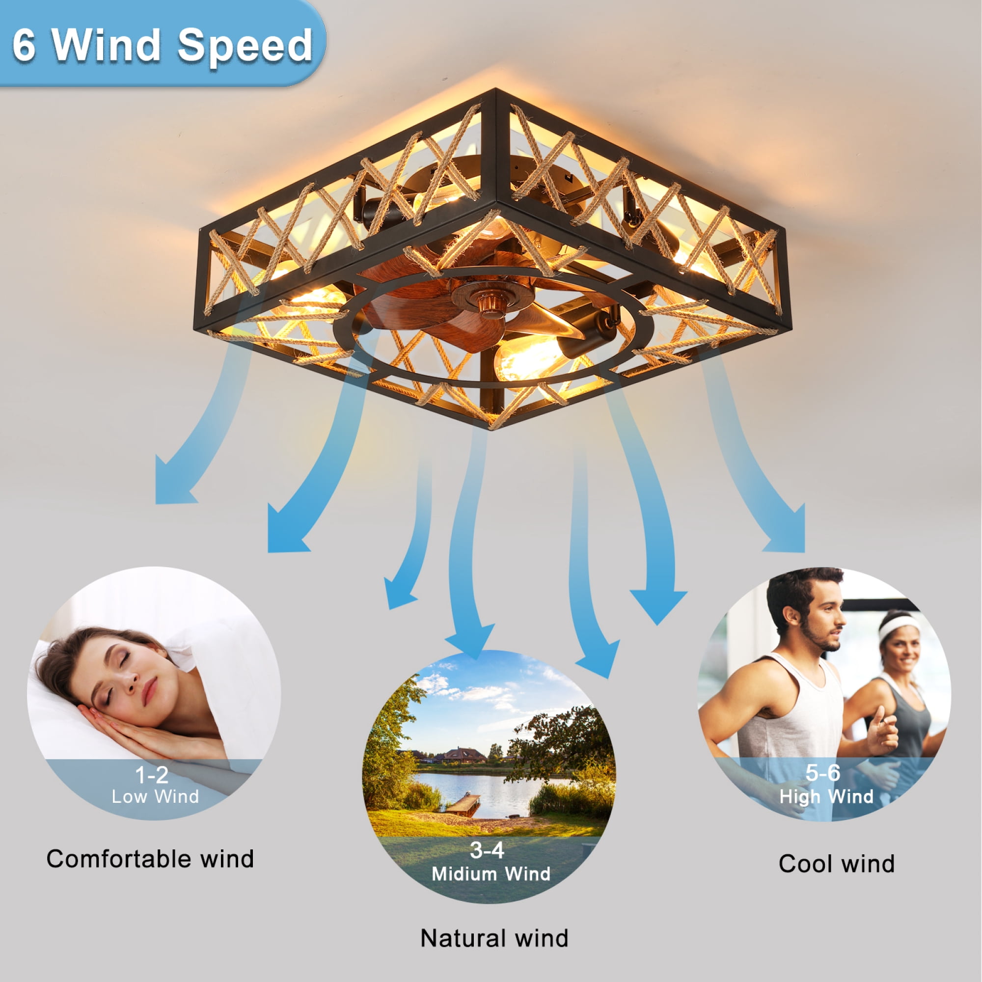 Leumius Farmhouse Rustic Ceiling Fan and Remote Control,Square Caged Industrial Ceiling Fixture with 6 Speeds & Noiseless DC Motor for Kitchen Dining Room Living Room Bedroom