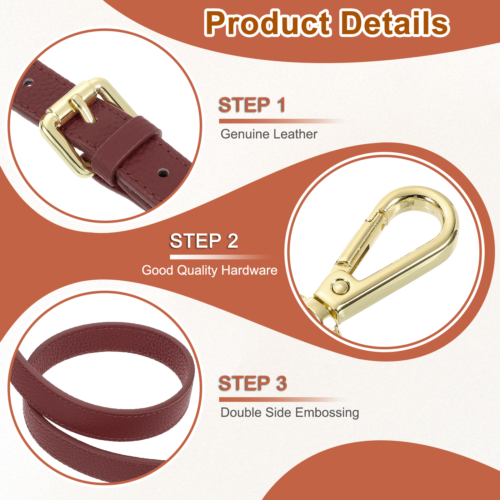 1" Genuine Leather Purse Strap for Bag (Burgundy, Gold Buckle)