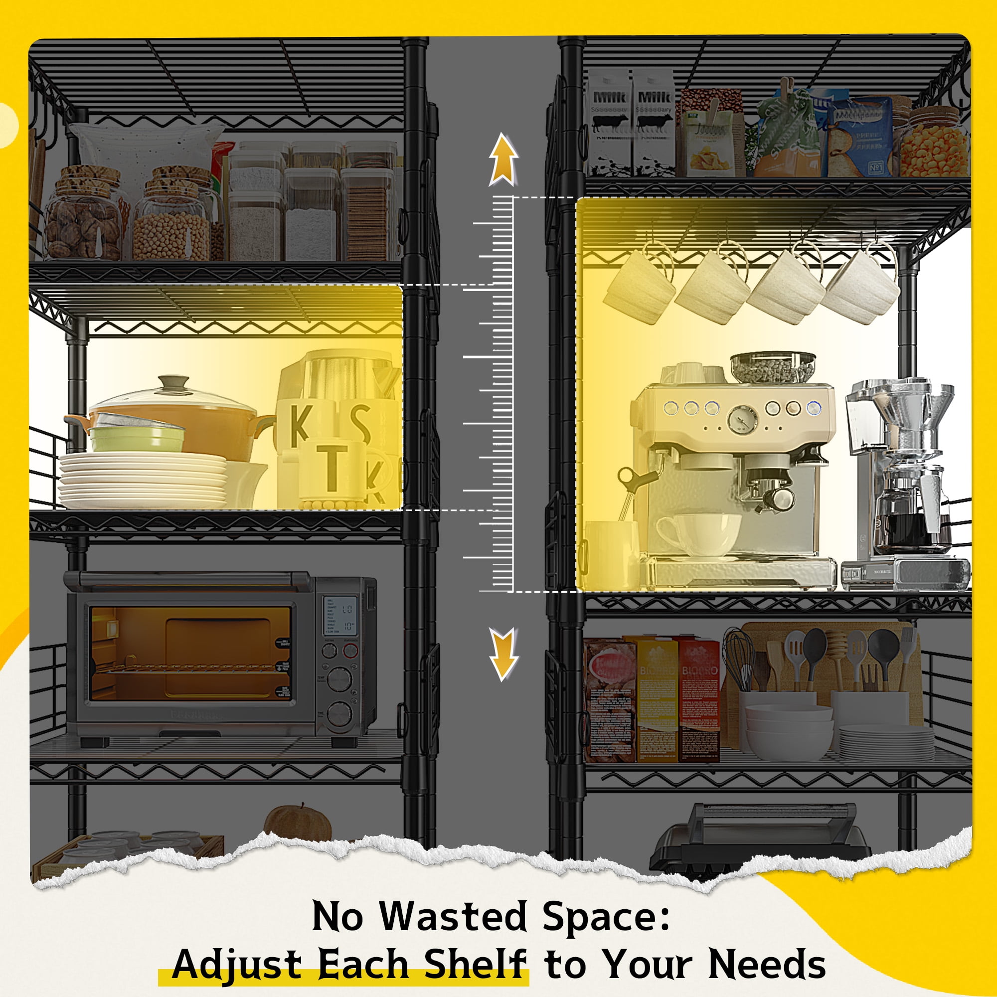 REIBII 5-Tier Wire Shelving Unit Shelves with 4.7"Side Guards,18.1"Wx18.1"Dx59"H, Heavy Duty Metal Storage Rack with Shelf Liners & Hooks for Kitchen,Pantry,Small Spaces,Black