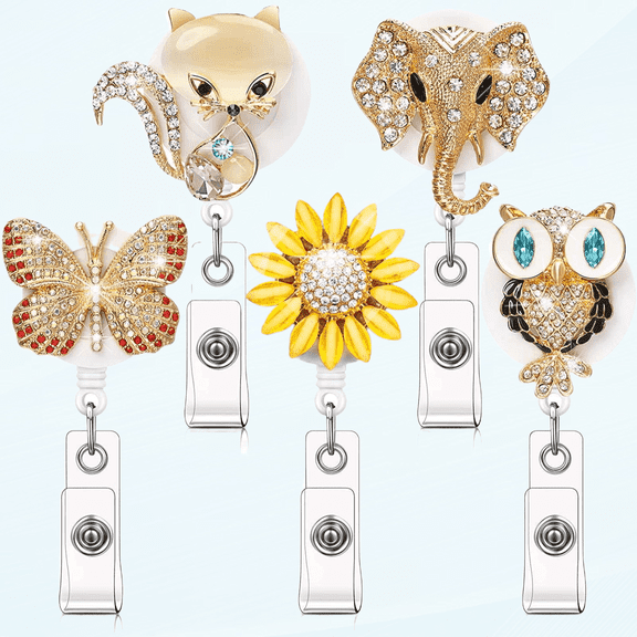 5 Pieces Crystal Badge Reels Retractable Rhinestone Badge Holder ID Name Badge Reels with Alligator Swivel ID Badge Clip for Teacher Worker Nurse Gift (Elephant, Owl, Butterfly, Sunflower, Fox)