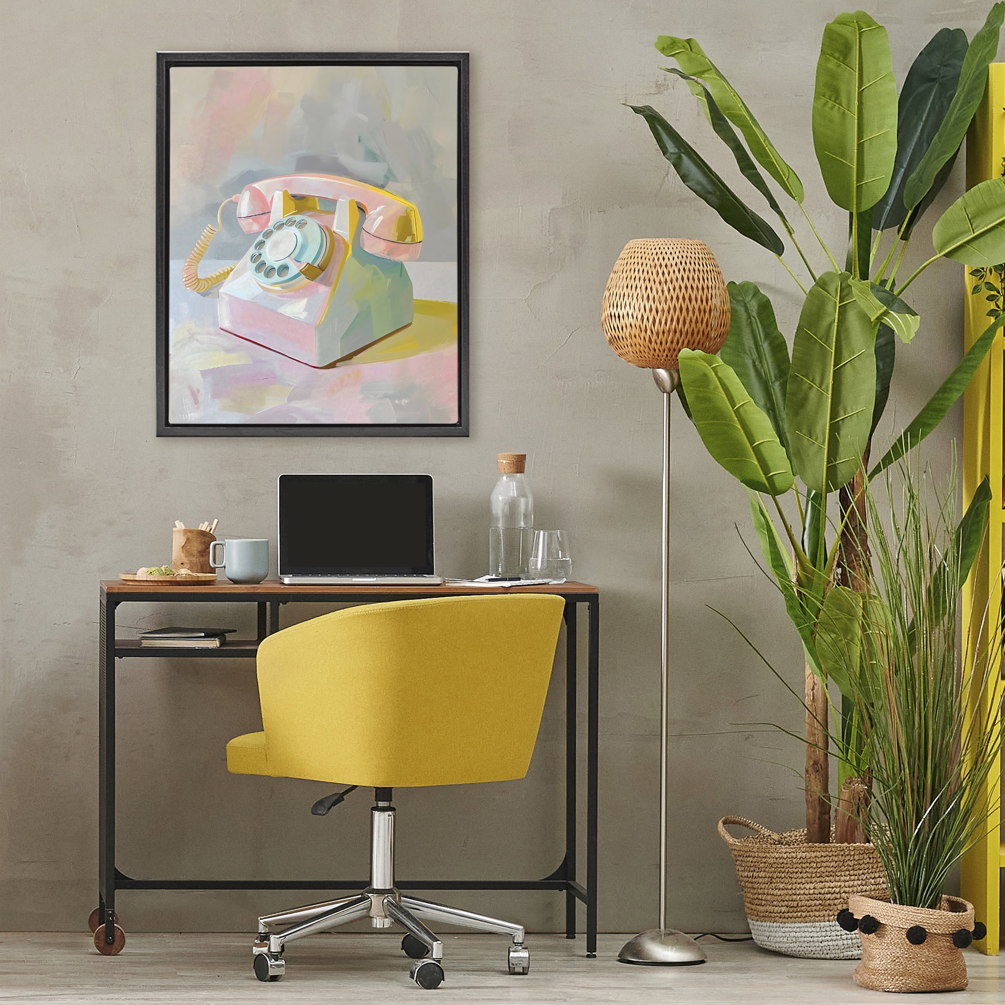 Stupell Industries Retro Telephone in Pastels Black Framed Floater Canvas Wall Art, design by The Prints Vibe