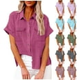 thumbnail image 2 of fheaev Button Up Shirts For Women Roll Up Short Sleeve Button Down Cotton Linen T-Shirts With Pocket V-Neck Work Tunics Blouse Collared Tops, 2 of 9