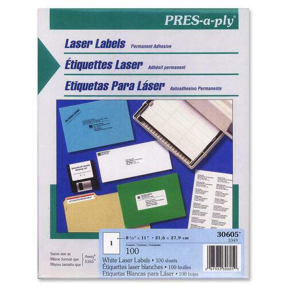 PRES-a-ply Labels, Laser Printers, 8.5 x 11, White, 100/Box (30605)