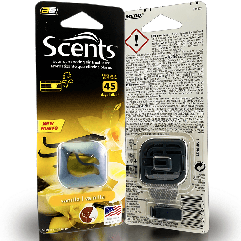 Scents Car Vent Clips Air Freshener, Automotive Air Freshener and Odor  Eliminator, Long-lasting Fragrance Up to 45 Days, Vanilla, 3 ml 