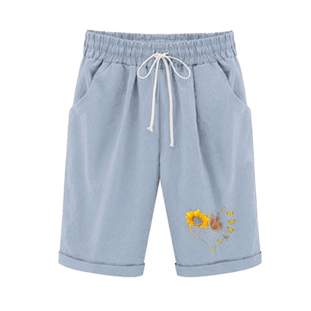 Birdeem Top and Shorts Sets for Women Womens Elastic Waist Sunflower Printing Drawstring Shorts