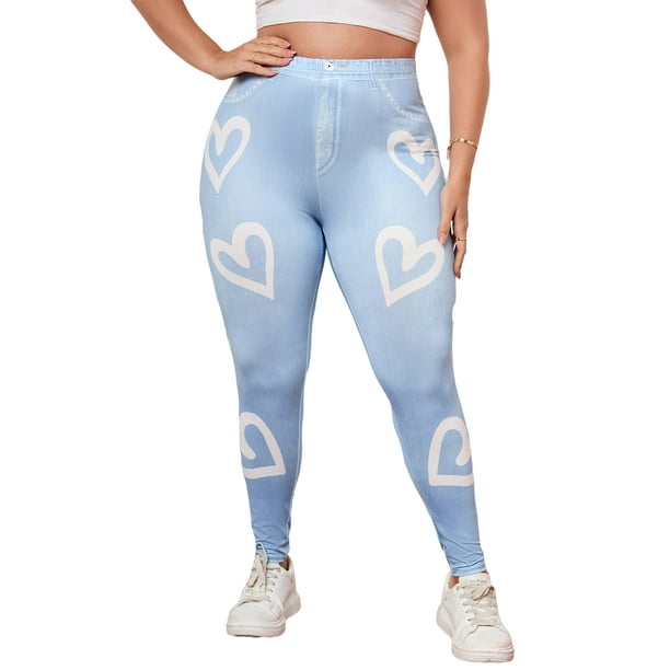 MAWCLOS Women Plus Size Leggings High Waist Fake Jeans Tummy Control Faux  Denim Pant Soft Yoga Heart Print Jeggings Light Blue 3XL 
