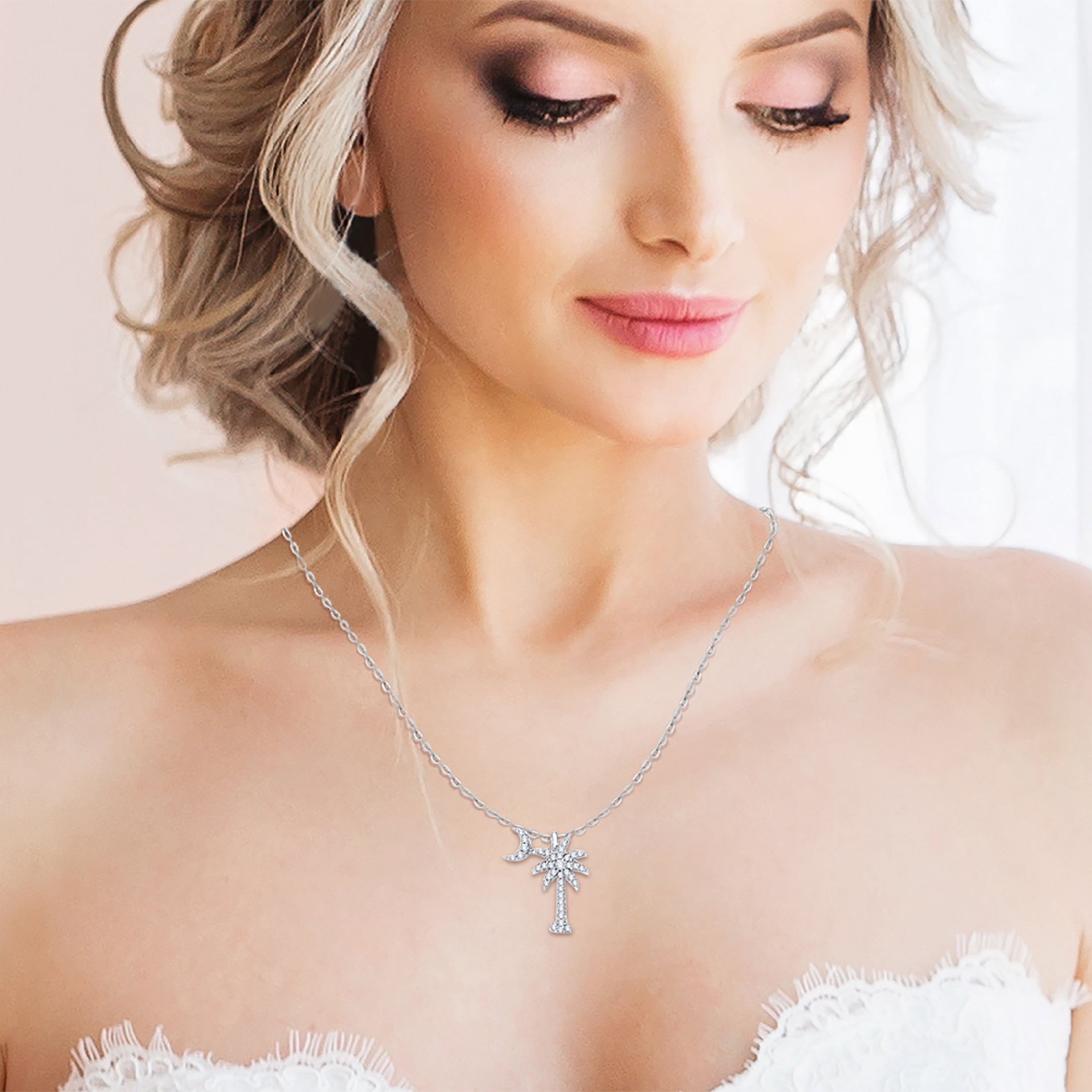 KATARINA Diamond Palm Tree with Crescent Moon Pendant Necklace in 14K White Gold (1/5 Cttw, G-H, I2-I3)