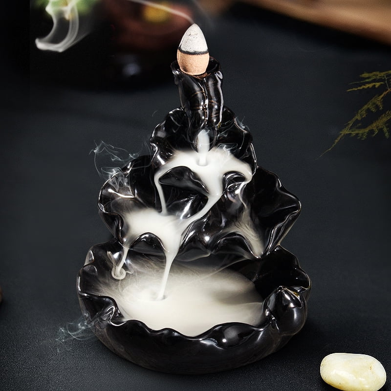 Handmade Black Ceramic Glaze Incense Burner Holder Buddhist Backflow Censer Cone 