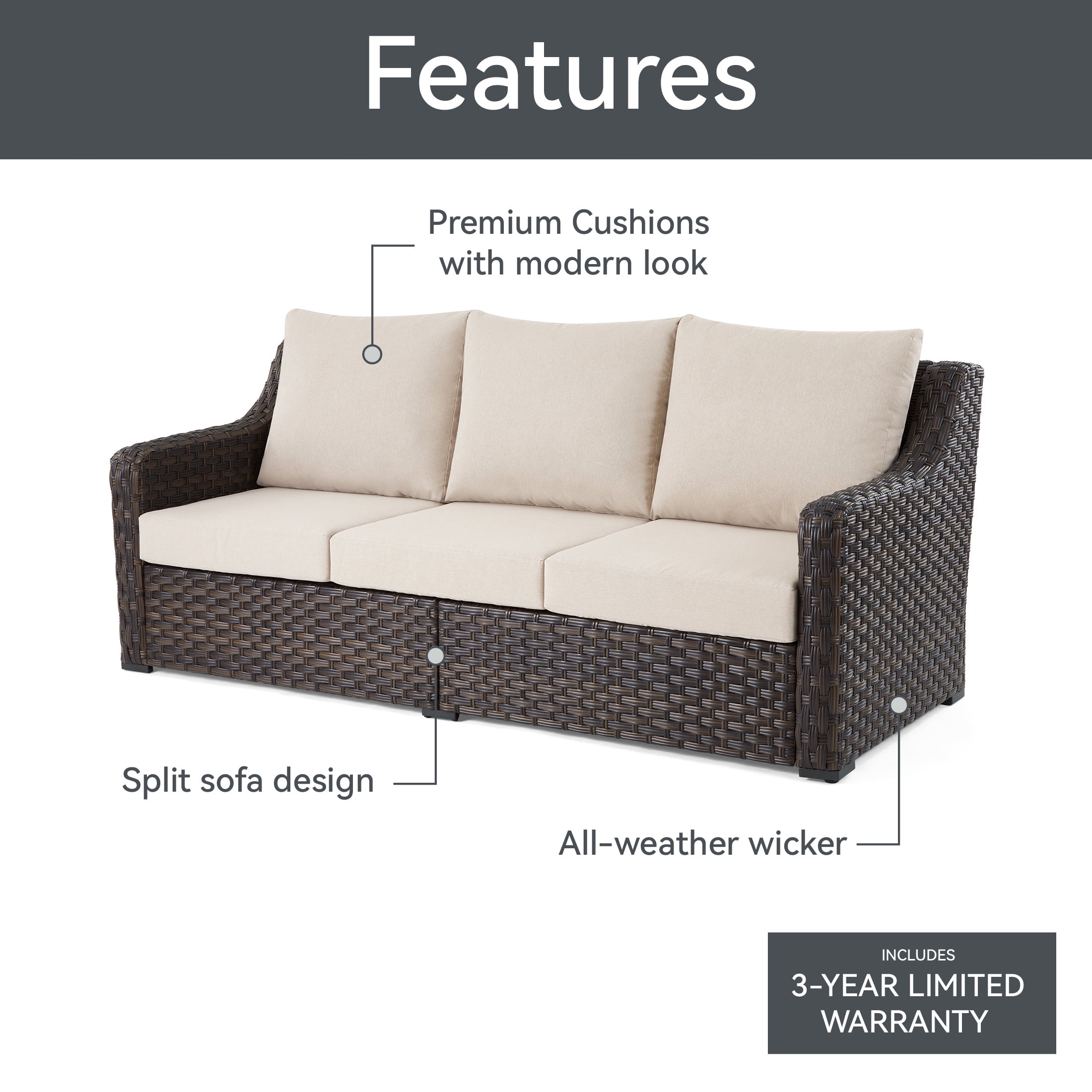 Better Homes & Gardens River Oaks Outdoor Sofa & 2 Nesting Tables with Patio Cover, Dark Brown