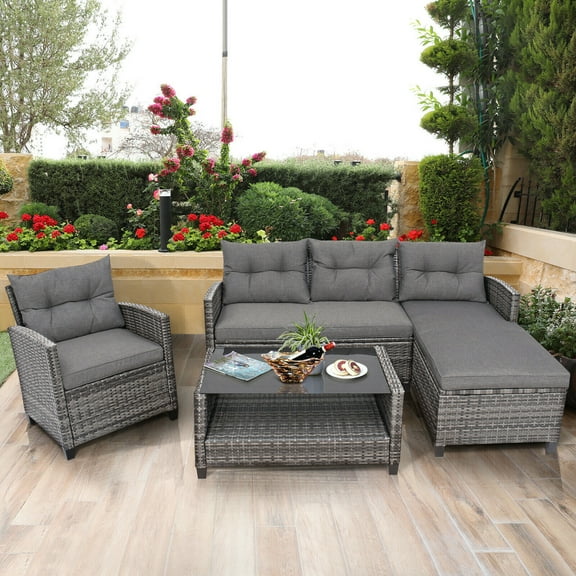 Gymax 4-Pieces Rattan Patio Conversation Furniture Set Outdoor Sectional Sofa Set