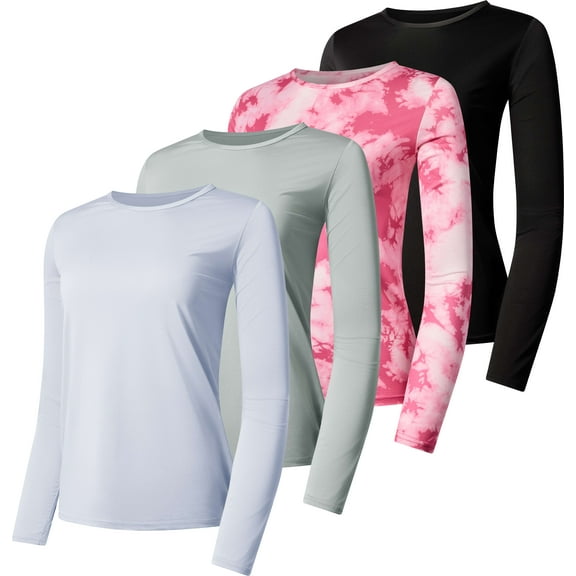 Real Essentials 4 Pack: Women's Dry-Fit Tech Stretch Long-Sleeve Athletic Workout T-Shirt (Available in Plus Size)