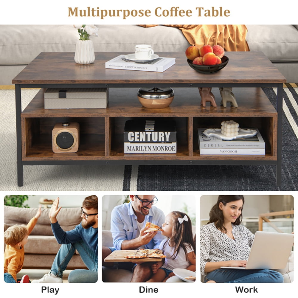 Finihen Coffee Table, Industrial Coffee Table, 3-Tier Industrial Style Coffee Table with Storage and Heavy-duty Metal Frame, for Living Room, Reception Room, Office, Coffee Finihen Coffee Table, Industrial Coffee Table, 3-Tier Industrial Style Coffee Table with Storage and Heavy-duty Metal Frame, for Living Room, Reception Room, Office, Coffee