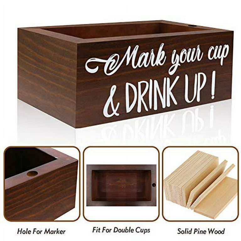NaiCeay Double Solo Cup Holder with Marker Slot Wooden Mark Your Cup and Drink Up Drink Dispenser 2 Sides Designs for Parties Farmhouse Bar Christmas