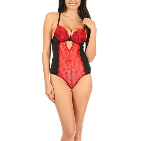 

French Affair Women s Red and Black Lace Convertible Push-Up Lingerie Bodysuit