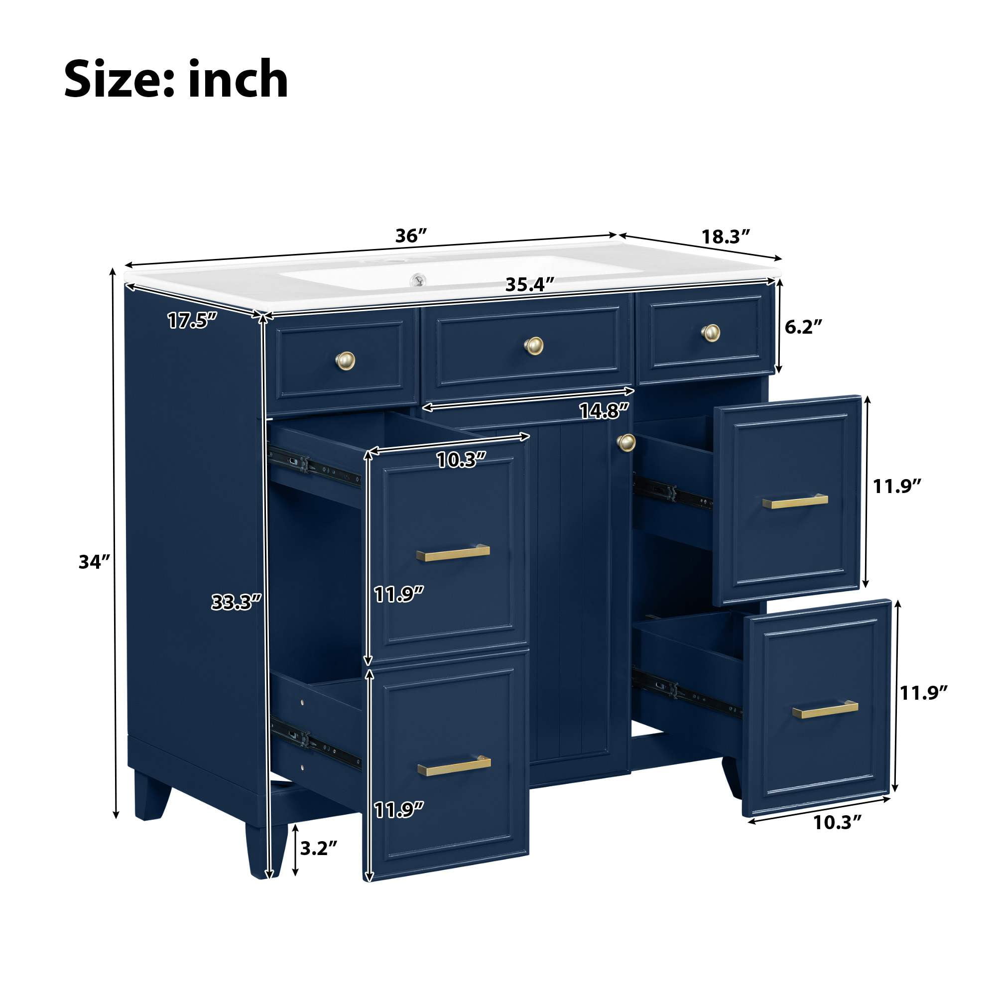 viswild 36" Bathroom Vanity with Ceramic Sink, Solid Wood, Soft Close Doors, 3 Drawers & Double-Depth Storage, Space Saving Design for Small Bathrooms, Blue