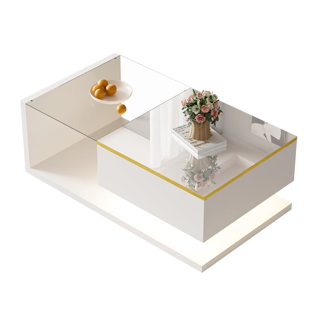 Noble House 35.4" High-Gloss Black Coffee Table, Tempered Glass with Dimmable LED, Storage Compartment & Open Shelves,White