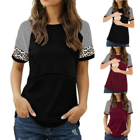 

Tejiojio Maternity/Labor/Nursing Clothing Clearance Women s Summer Casual Leopard Print Splicing False Maternity T-shirt Tops