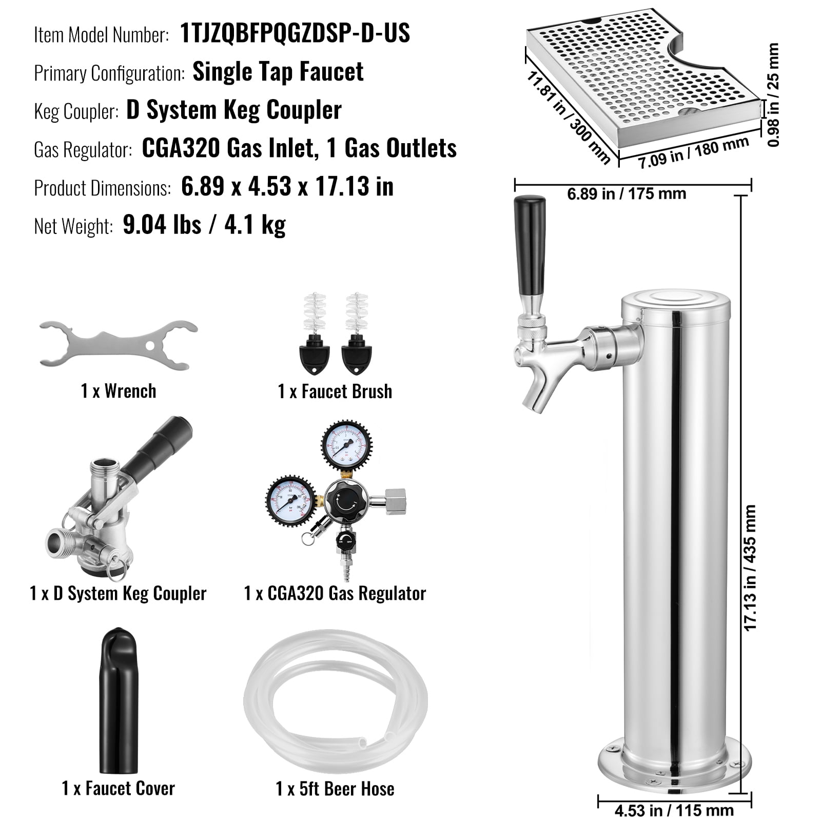 KFFKFF Single Tap Kegerator Tower Kit with Stainless Steel Beer Dispenser, Dual Gauge Regulator, D-System Keg Coupler, and Drip Tray for Home or Party Use