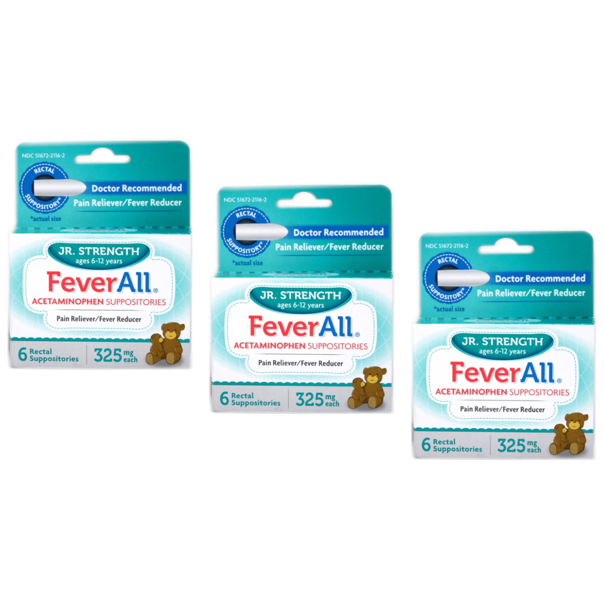3 Pack Feverall Acetaminophen Suppositories JR Strength 325mg 6 Count Each
