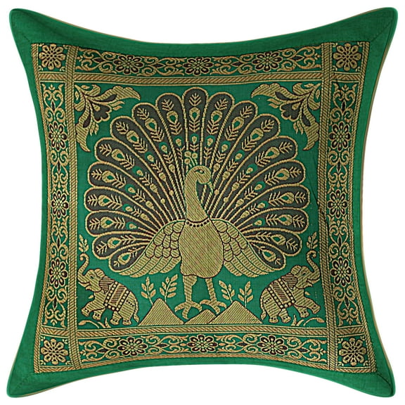 Stylo Culture Ethnic Couch Brocade Emerald Green And Gold Throw Pillow Covers 12x12 Jacquard Weave Sofa Christmas Throw Pillow Cases Dancing Peacock Floral 30x30 cm Decorative Cushion Covers (1 Pc)