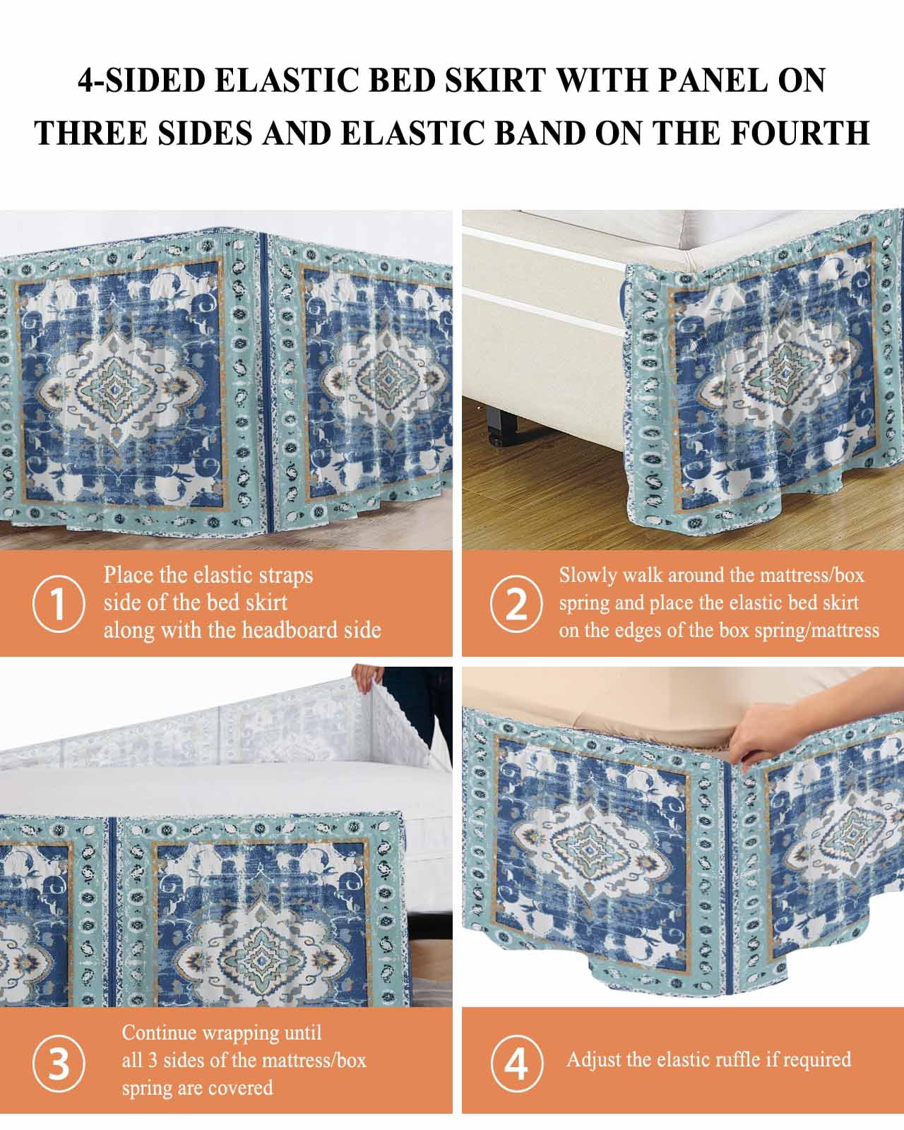 Blue Boho Wrap Around Bed Skirts for King Bed 18" Drop,Bed Skirt with Adjustable Elastic Belt Dust Ruffle Bed Valance for Bedroom Hotel Farmhouse Bohemian Medallion Oriental Flower Bed Frame Cover