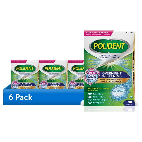(6 pack) Polident Overnight Whitening Antibacterial Dental Appliance Cleanser Tablets, Mouthguard Cleaning Tablets, 90 Count