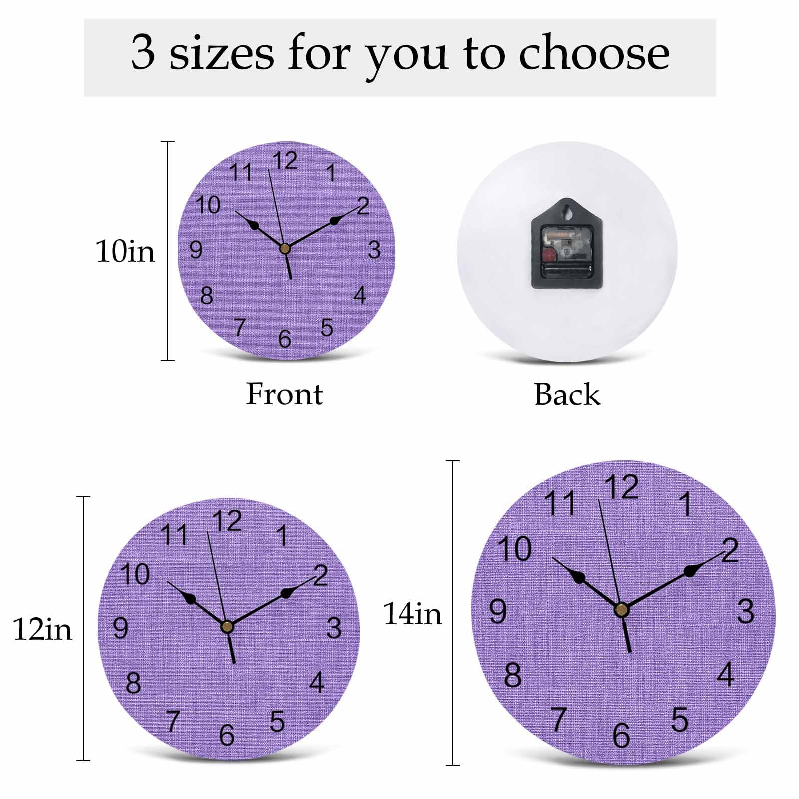 Wall Clock Purple Linen Texture Clocks PVC Silent Non-Ticking Battery Operated Decorative Farmhouse Solid Color Round Clock for Home Living Room Kitchen Bedroom Office School Wall Decor 14 Inch