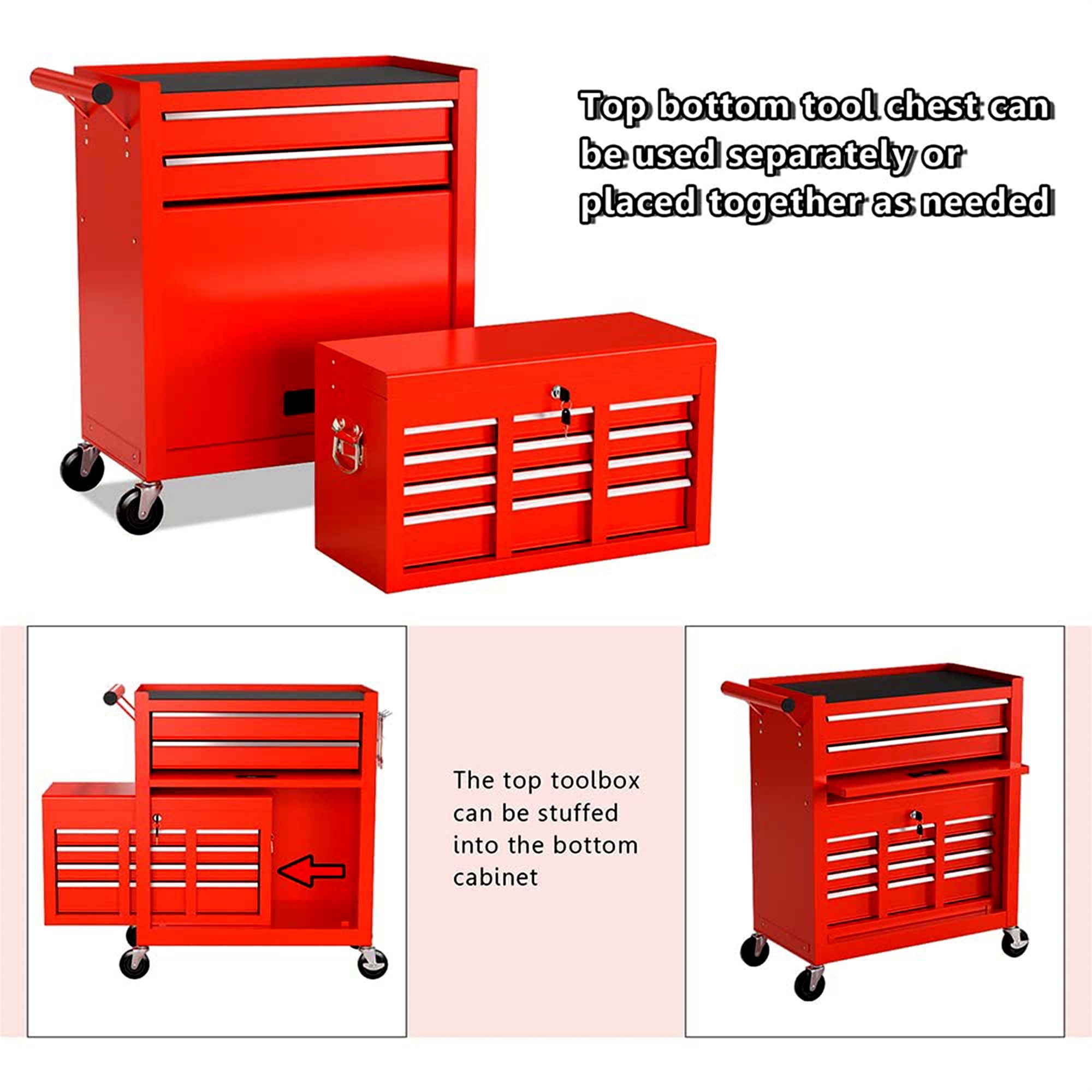 Aukfa Tool Box, 2 in 1 Steel Rolling Tool Chest & Cabinet on Wheels for Garage, 8-Drawers, Red