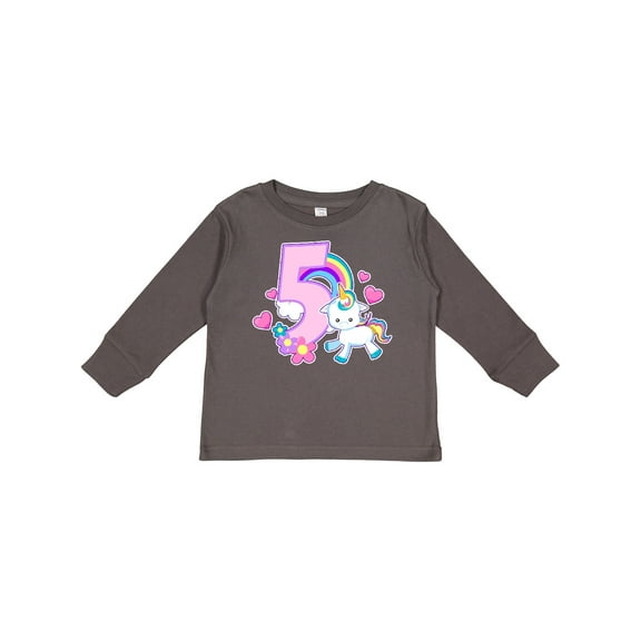 Inktastic I Am Five Years Old with Unicorn and Hearts Girls Long Sleeve Toddler T-Shirt