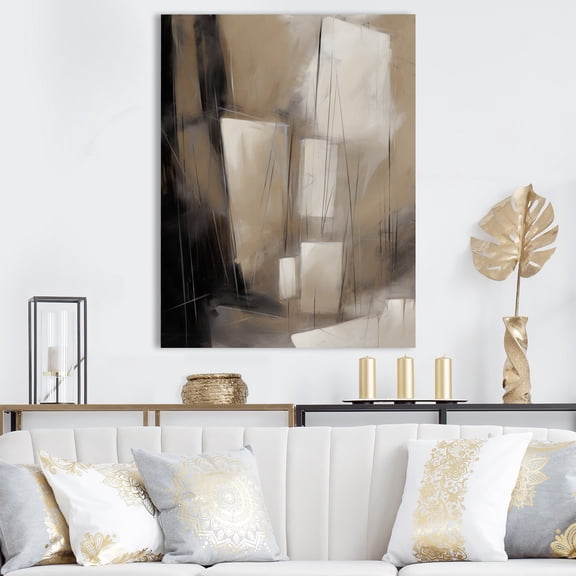 DESIGN ART Designart "Grey Beige Geometric Blend I" Minimalism Canvas Wall Art 16 in. wide x 32 in. high