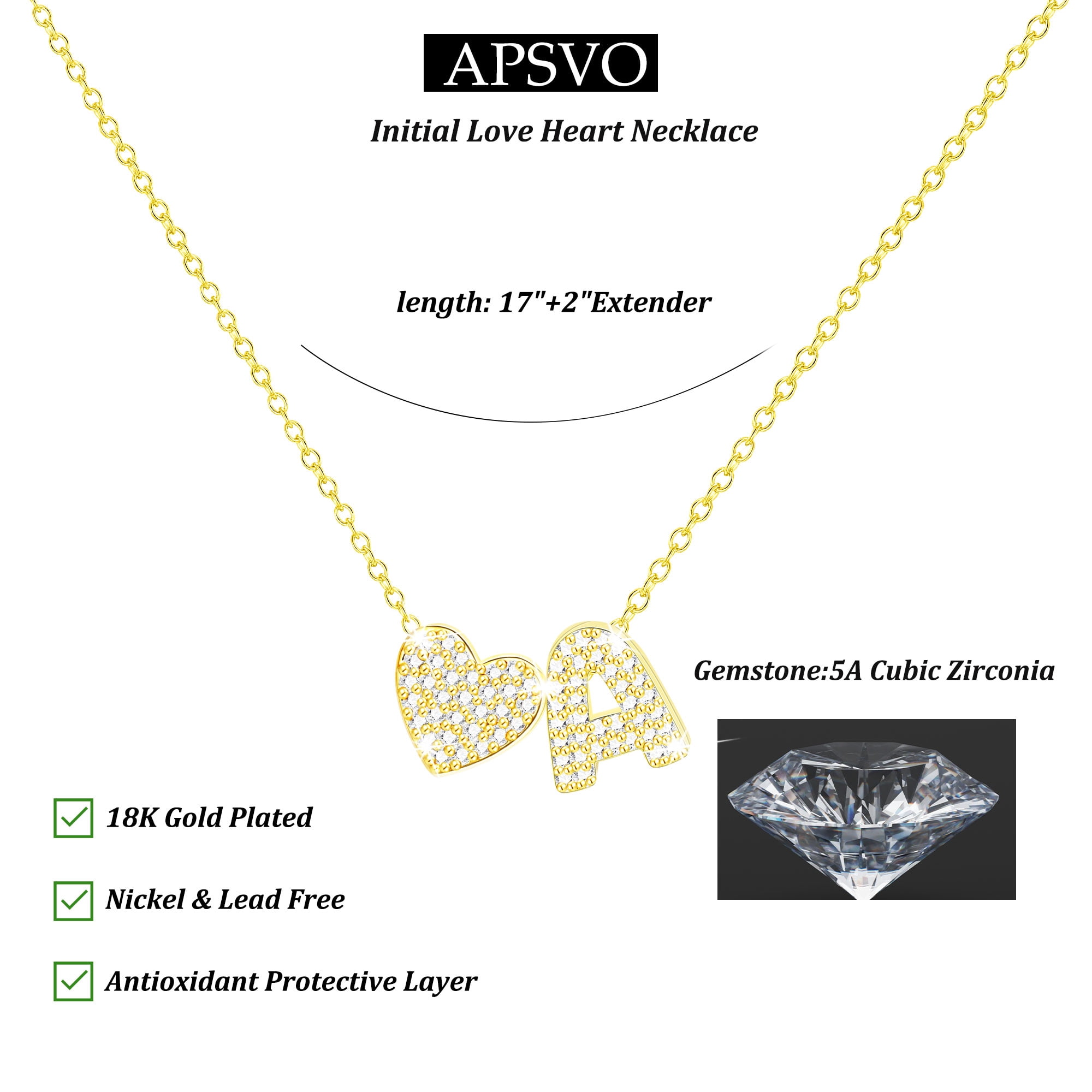 APSVO 18K Gold Plated Love Heart Initial Necklaces for Women Girls CZ Letter A Pendant Chain Birthday Graduation Jewelry Gifts Teen Her Mom Girlfriend Wife Female Daughter Kids Age Ideas