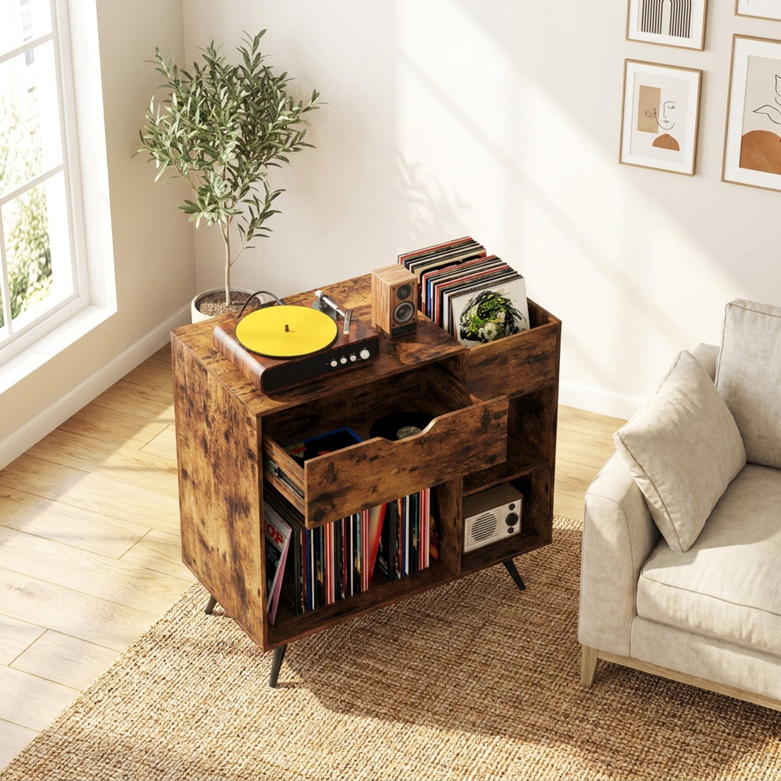 Furnibear Record Player Stand with Power Outlets USB Type-C Ports Drawer and Removable Divider Cubby for Living Room, Rustic Brown