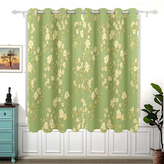 Green Floral Pattern Thermal Blackout Curtains 63x55 Inch 2 Panels Grommet Window Drapes for Bedroom Living Room