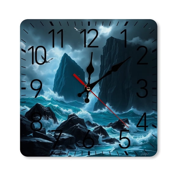 RKSupls 10×10inch Square Silent Wall Clock Wooden Frame, Ocean Waves Rocks Scale Decorative Clock for Home Bedroom Living Room Office