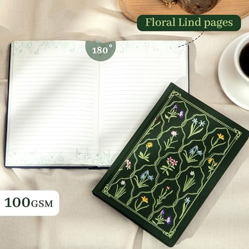 YNGLLC Embroidered Lined Journal Notebook for Women A5 Floral Journals for Writing Aesthetic Journaling Notebooks for Gift Diary Sketching Note Taking, Cloth Cover, Gift Box, 5.7"x8.3", Green