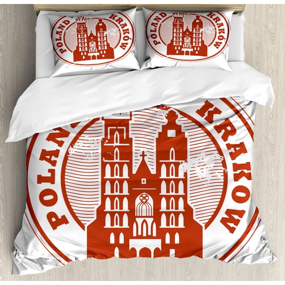 Polish Duvet Cover Set Queen Size, Grunge Emblem Inspired Pattern with Typographic Specifics Poland Symbolic, Decorative 3 Piece Bedding Set with 2 Pillow Shams, Paprika and White, by Ambesonne