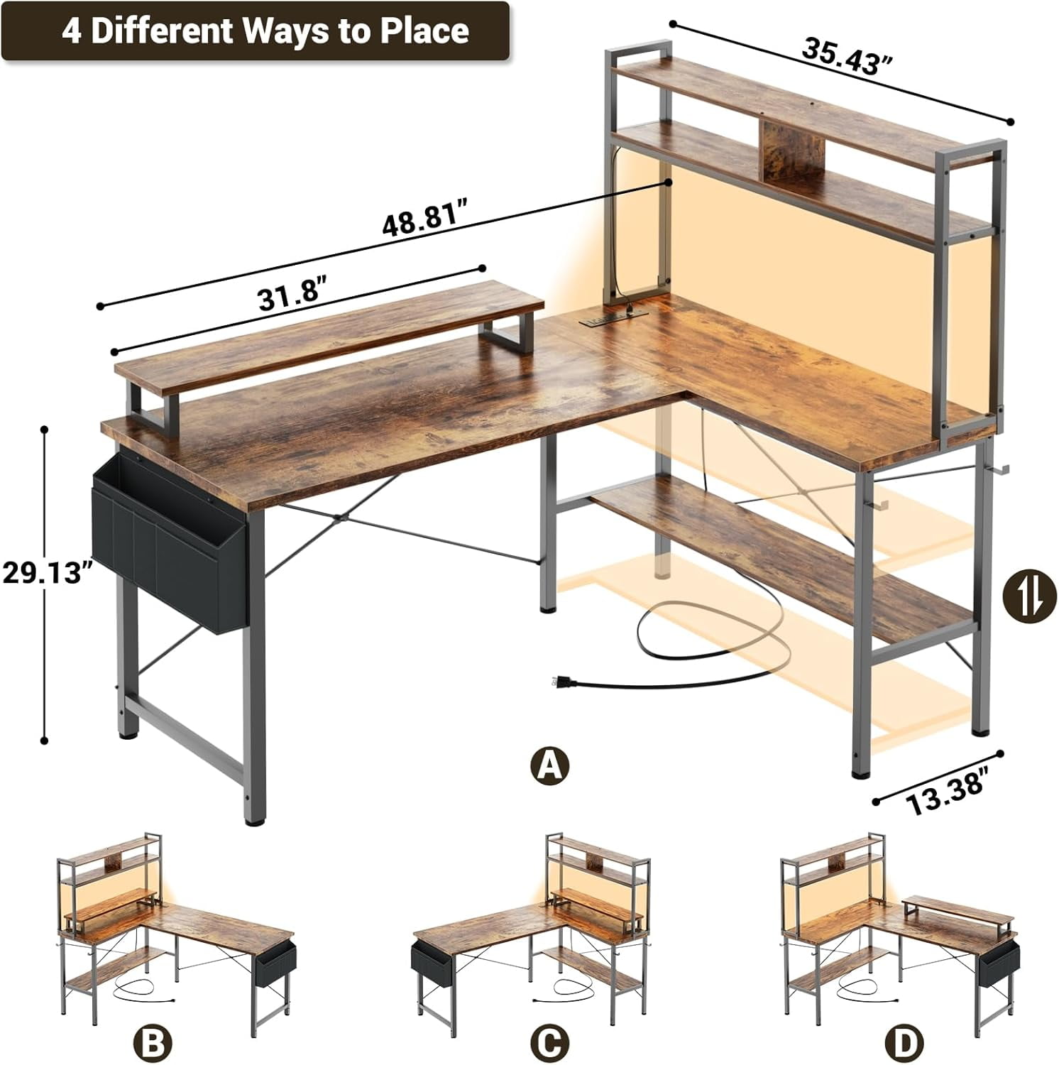iSunirm Reversible L Shaped Gaming Desk with LED Lights & Power Outlets, 49'' Small L Shaped Computer Corner Desk with Monitor Stand and Storage Shelf, for Home & Office, Rustic Brown